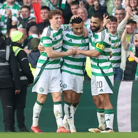 Adam Idah of Celtic celebrates scoring his team's second goal with teammate Arne Engels and Cameron Carter-Vickers during the Scottish Gas Scottish Cup Quarter-Final match between Celtic and Hibernian at Celtic Park on March 09, 2025 in Glasgow, Scotland. (Photo by Ian MacNicol/Getty Images)