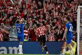 Athletic Bilbao forward Nico Williams (C) celebrates scoring his team's second goal against Rangers