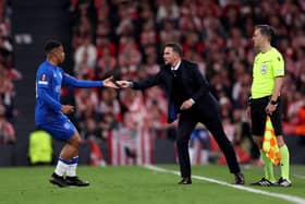 Barry Ferguson, interim manager of Rangers, passes on instructions to Hamza Igamane during the Europa League tie against Athletic Bilbao