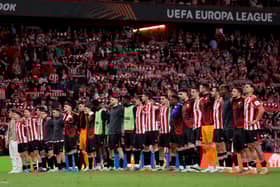 Players of Athletic Bilbao acknowledge the fans as they celebrate after beating Rangers 2-0 on aggregate to progress through to the Europa League semi-finals