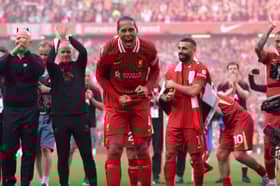 Virgil van Dijk of Liverpool celebrates the teams victory and confirmation of winning the Premier League title