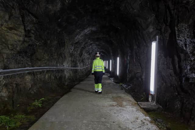 Cruachan Power Station walkway in the Hollow Mountain of Ben Cruachan in Argyll and Bute, Scotland.
