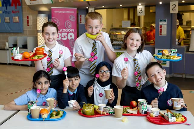 Tinto Primary School pupils Grace MacIver, Jamie Turner and Phoebe Holmes and at the front, Zahra Ahmed, Ibrahim Hussain, Lava Ibrahim and Tyler McLaren.
