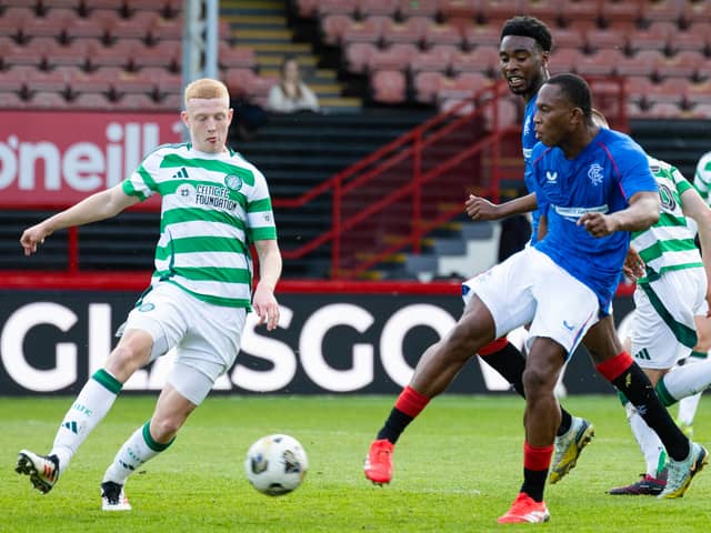 Neraysho Kasanwirjo scores to make it 1-0 to Rangers during the Glasgow Cup final against Celtic at Firhill. (Photo by Craig Foy / SNS Group)