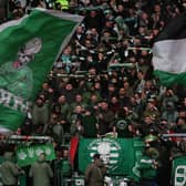 Green Brigade flags fly in the stands during a Celtic match