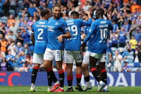 Cyriel Dessers of Rangers celebrates scoring his team's second goal against Aberdeen