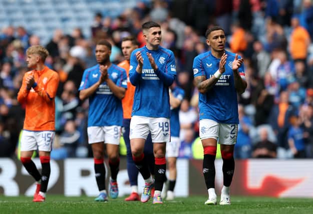 Bailey Rice and James Tavernier of Rangers FC applaud the fans following the William Hill Premiership match between Rangers FC and Celtic FC at Ibrox Stadium on May 04, 2025 in Glasgow, Scotland. (Photo by Ian MacNicol/Getty Images)