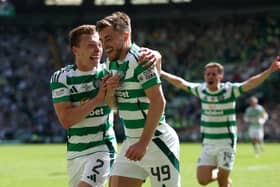 James Forrest of Celtic celebrates scoring his team's equalising goal against St Mirren