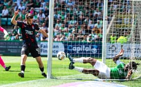 Rangers believe they have a scored a second through Nicolas Raskin as Rocky Bushiri clears off the line - but no goal was awarded.  (Photo by Sammy Turner / SNS Group)