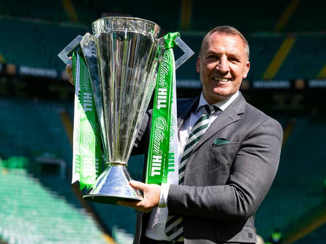 Celtic manager Brendan Rodgers with the William Hill Premiership trophy after the 1-1 draw with St Mirren. (Photo by Ross MacDonald / SNS Group)