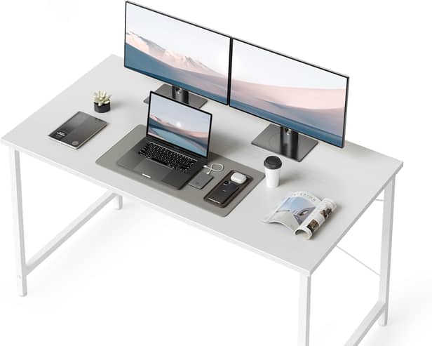 CubiCubi modern white office desk with metal frame and wide top

