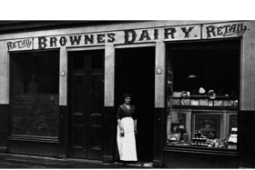 Browne's Dairy, with Mrs J Wemyss at the doorway