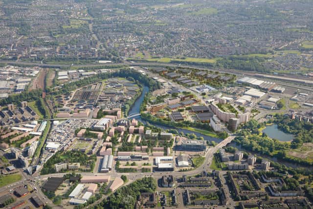CGI drone shot of the £500m Clyde Gateway Innovation masterplan 