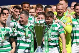 GLASGOW, SCOTLAND - MAY 17: Callum McGregor and James Forrest of Celtic lift the League trophy after the William Hill Premiership match between Celtic FC and St Mirren FC at Celtic Park on May 17, 2025 in Glasgow, Scotland. (Photo by Ian MacNicol/Getty Images)