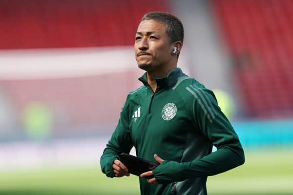 GLASGOW, SCOTLAND - APRIL 20: Daizen Maeda of Celtic inspects the pitch prior to the Scottish Gas Scottish Cup Semi Final match between St Johnstone and Celtic at Hampden Park on April 20, 2025 in Glasgow, Scotland. (Photo by Ian MacNicol/Getty Images)