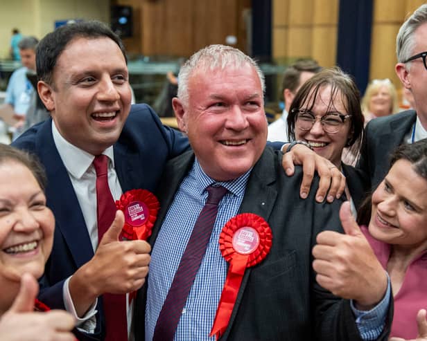 Davy Russell set celebrates Scottish Labour's victory in the Hamilton, Larkhall and Stonehouse by-election with Anas Sarwar and Jackie Baillie (Photo by Lisa Ferguson)