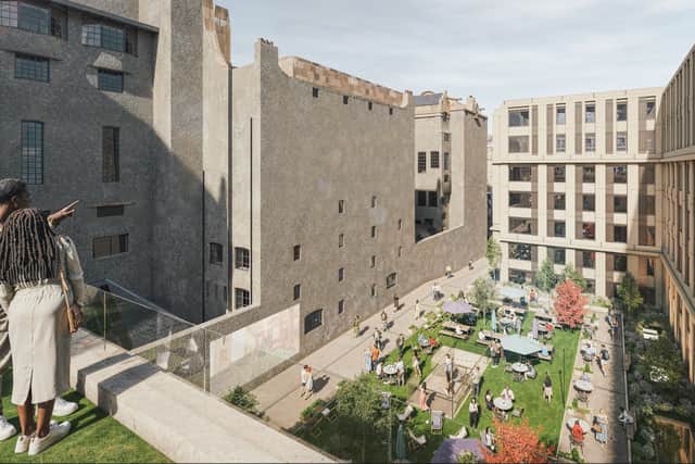 The proposed courtyard as seen from the accessible roof terrace at the new Vita development on the site formerly occupied by the O2 ABC on Sauchiehall Street.