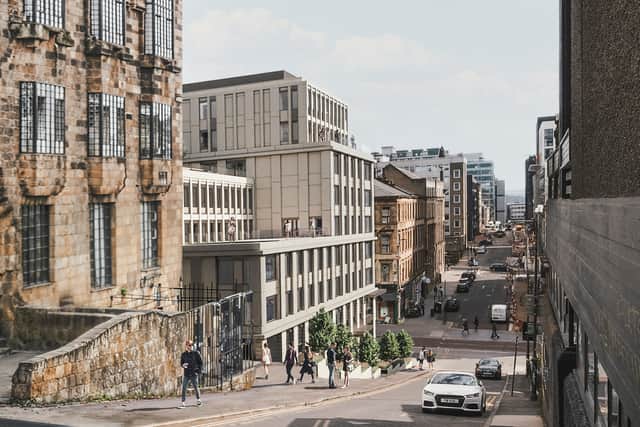 The proposed façade as seen from Scott Street at the new Vita development on the site formerly occupied by the O2 ABC on Sauchiehall Street.