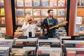 Members of Scottish jazz instrumental Fat-Suit launch Glasgow Jazz Festival 2025 programme at new Hyndland record store, Second Line Records. Fat-Suit members pictured are Mhairi Marwick and Fraser Jackson.