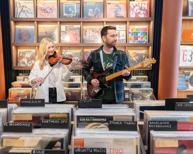 Members of Scottish jazz instrumental Fat-Suit launch Glasgow Jazz Festival 2025 programme at new Hyndland record store, Second Line Records. Fat-Suit members pictured are Mhairi Marwick and Fraser Jackson.