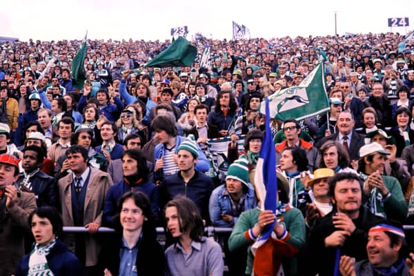 Saint-Etienne supporters pictured at Hampden Park during the European Cup final in May 1976. 