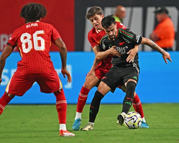 Fabio Vieira of Arsenal holds off Owen Beck of Liverpool at Lincoln Financial Field on July 31, 2024 in Philadelphia (Pic: Getty)