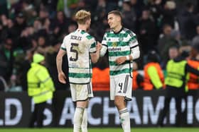  Liam Scales and Gustaf Lagerbielke of Celtic celebrate following the team's victory during the UEFA Champions League match between Celtic FC and Feyenoord at Celtic Park Stadium on December 13, 2023 (Pic: Getty)