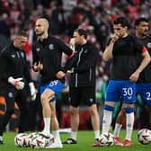 Rangers' Czech midfielder Vaclav Cerny and teamamtes warm up prior the UEFA Europa League quarter final second leg football match between Athletic Club Bilbao and Glasgow Rangers, at the San Mames stadium in Bilbao on April 17, 2025