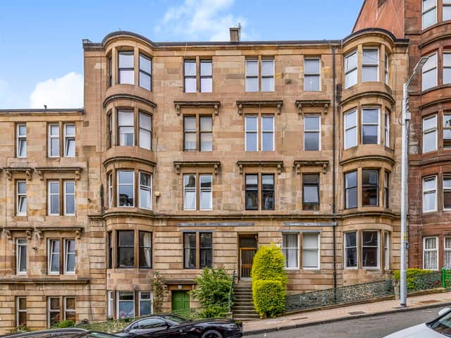 The front of the blonde sandstone property on Gardner Street in Glasgow's West End. 