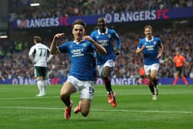 Findlay Curtis of Rangers celebrates after scoring his team's first goal against Panathinaikos