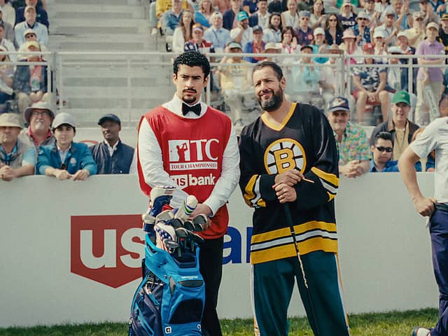 Bad Bunny (L) and Adam Sandler (R) in Happy Gilmore 2