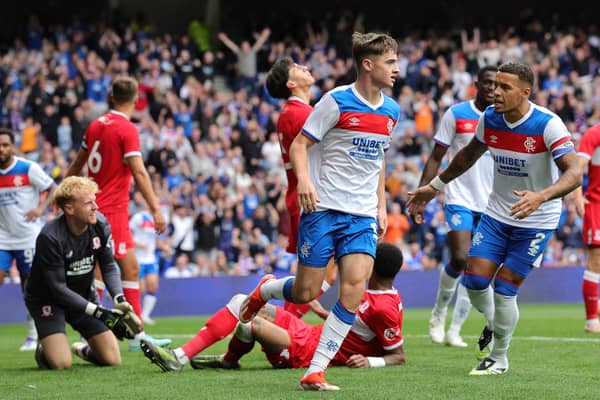 Findlay Curtis of Rangers celebrates scoring his team's second goal during the pre-season friendly against Middlesbrough at Ibrox