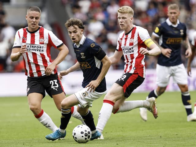 Go Ahead Eagles forward Jakob Breum (C) has left the door open for a potential move to Celtic this summer