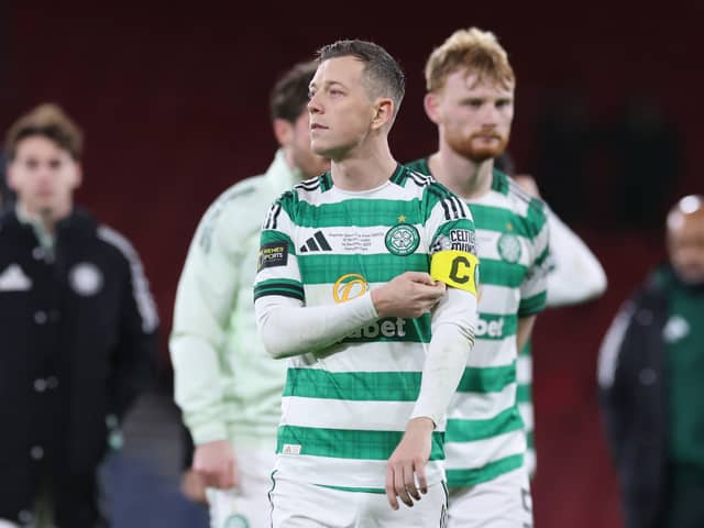 Celtic skipper Callum McGregor and Liam Scales look dejected after their Premier Sports Cup final defeat to St Mirren