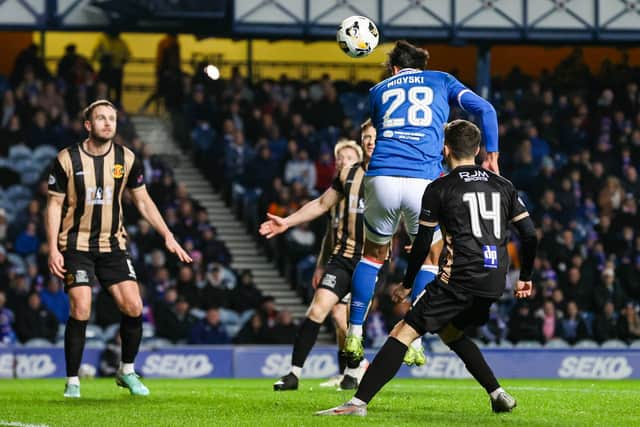 Bojan Miovski scores Rangers' second goal in the Scottish Cup win over Annan Athletic at Ibrox. Cr: SNS Group.