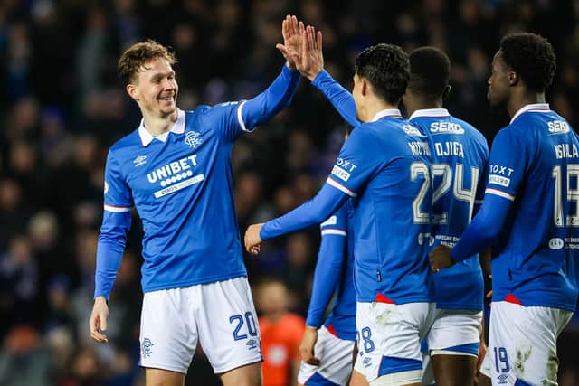 Kieran Dowell celebrates Rangers' third goal against Annan at Ibrox on Friday night.