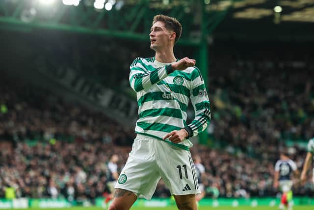 Tomas Cvancara celebrates his first Celtic goal in the victory over Falkirk at Celtic Park. Cr: SNS Group.