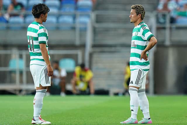 Daizen Maeda of Celtic FC with Reo Hatate of Celtic FC