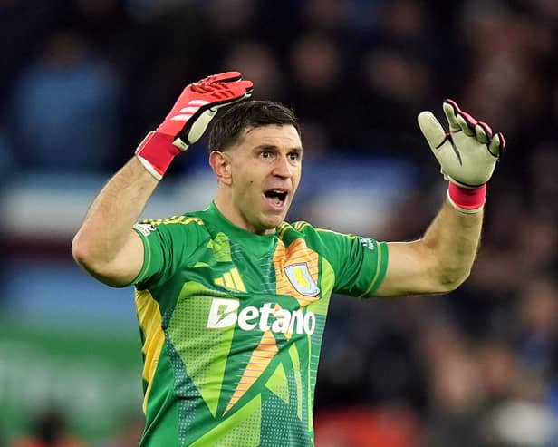 Aston Villa goalkeeper Emiliano Martinez reacts during the UEFA Champions League round of sixteen second leg match at Villa Park, Birmingham. Picture date: Wednesday March 12, 2025.