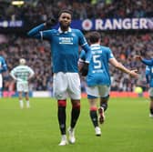  Youssef Chermiti of Rangers celebrates are scoring an overhead kick against Celtic at Ibrox