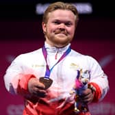 Gold medallist Mark Swan of England after his victory in the men's Para Powerlifting Lightweight event on day one of the Glasgow 2026 Commonwealth Games at SEC Armadillo.