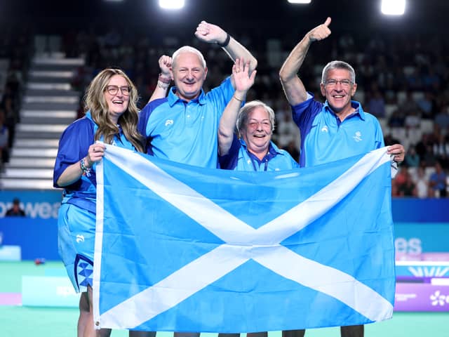 Allandale Bowling Club's Jim Aitken (right) played his part in Scotland's maiden bowls gold medal success 