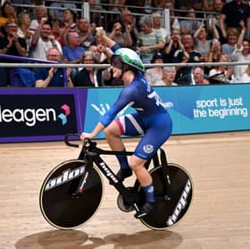 Lauren Bell of Team Scotland celebrates after winning the bronze medal during the Women's Team Sprint Finals
