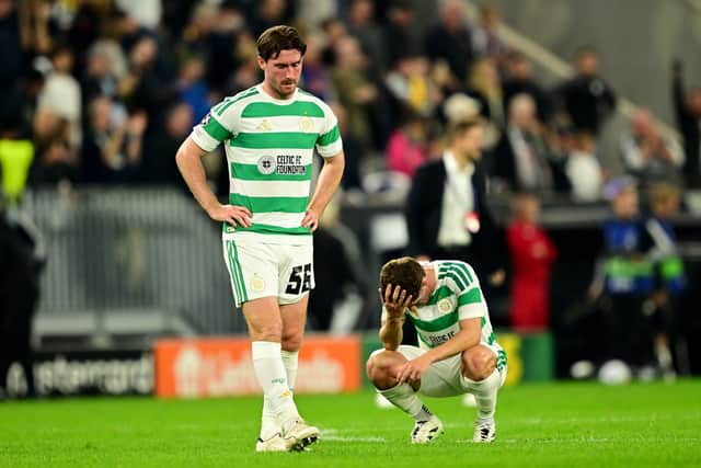 Anthony Ralston of Celtic reacts after the Champions League play-off defeat by LASK. (Photo by Christian Bruna/Getty Images)