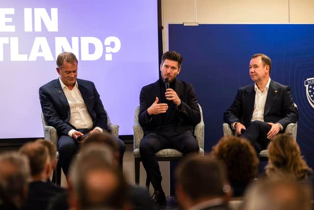 Scotland head coach Sebastien Pocognoli is joined by SFA chief executive Ian Maxwell, left, and chief football officer Craig Mulholland at St Andrews
