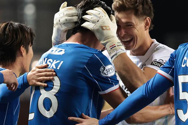 Bojan Miovski of Rangers celebrates at full time with Ivor Pandur of Rangers during the William Hill Premiership 2026/27 match between Glasgow Rangers and St. Mirren