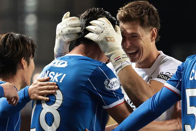Bojan Miovski of Rangers celebrates at full time with Ivor Pandur of Rangers during the William Hill Premiership 2026/27 match between Glasgow Rangers and St. Mirren
