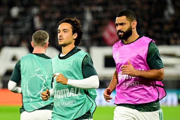 Mika Baur of Celtic during the warm up before before the UEFA Champions League 2026/27 Play off round second leg match between LASK and Celtic 
