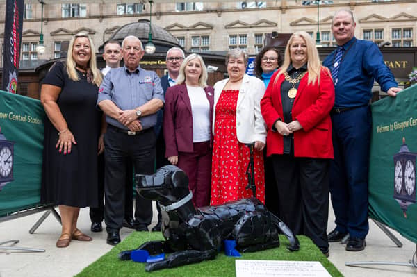 Unveiling of a new statue commemorating Glasgow's famous fire dog, Wallace, at the city's Central Station by Lord Provost of Glasgow, Councillor Jacqueline McLaren and Jean Dallas.