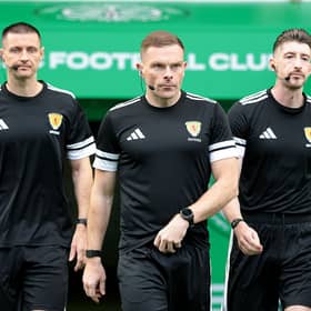 Referee John Beaton walks out of the tunnel before the William Hill Premiership 2026/27 match between Celtic and Rangers